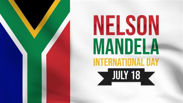 Nelson Mandela International Day with South African flag and typography 4k waving animation, July 18