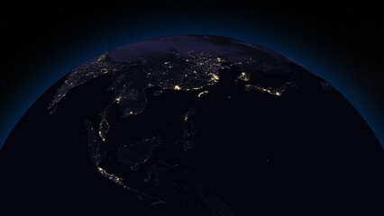 Planet Earth focused on Asia by night. Illuminated cities on dark side of the Earth. Elements of this image furnished by NASA