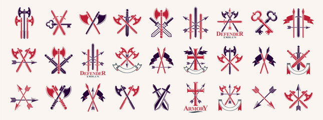 Fototapeta na wymiar Weapon emblems vector emblems big set, heraldic design elements collection, classic style heraldry armory symbols, antique knives armory arsenal compositions.