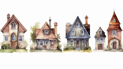 Fototapeta na wymiar collection of a set of small European rustic fairy-tale houses painted in watercolor. Generative AI