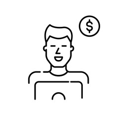 Male freelancer working at laptop. Smiling guy at work at his computer. Dollar sign. Pixel perfect, editable stroke icon