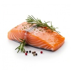 Salmon steak with herbs on isolated white background generative ai