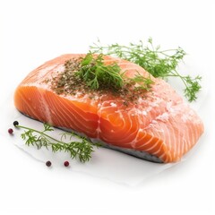 Salmon steak with herbs on isolated white background generative ai