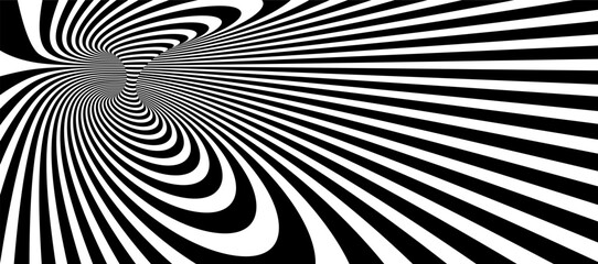 Op art distorted perspective black and white lines in 3D motion abstract vector background, optical illusion insane linear pattern, artistic psychedelic illustration. - obrazy, fototapety, plakaty