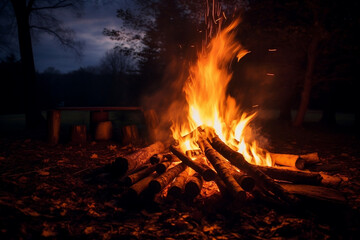 Autumn's Embrace: The Enchanting Warmth of a Crackling Bonfire on a Serene Eve -Generative AI