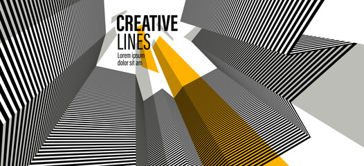 3D black and white lines in perspective with yellow elements abstract vector background, linear perspective pattern op art.