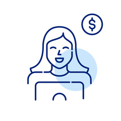 Female freelancer working at laptop. Smiling woman at work at her computer. Dollar sign. Pixel perfect icon