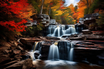 Hues of Autumn's Splendor: A Captivating Waterfall Cascading through Nature's Frame -Generative AI