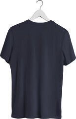 Mockup of a male blue t-shirt on a hanger, canvas bella, png, back view