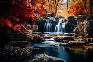 Fototapeta na wymiar Nature's Canvas Unveiled: The Rich Hues of Autumn Surrounding a Cascading Waterfall -Generative A