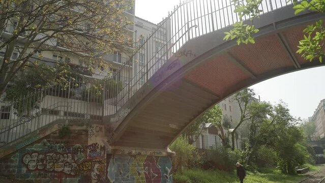 Paris Belleville residential buildings with old railroad tracks