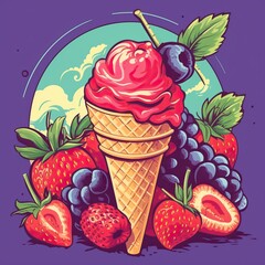 Ice cream retro style, ice cream 1980s poster, ice cream with fruits flat high quality ai image generated.