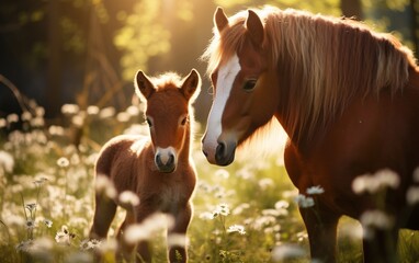 A baby horse standing next to an old horse. AI