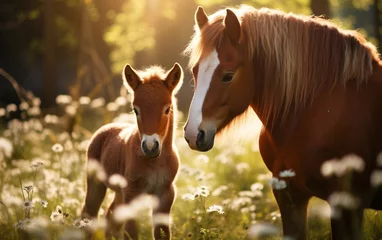 Deurstickers Weide A baby horse standing next to an old horse. AI