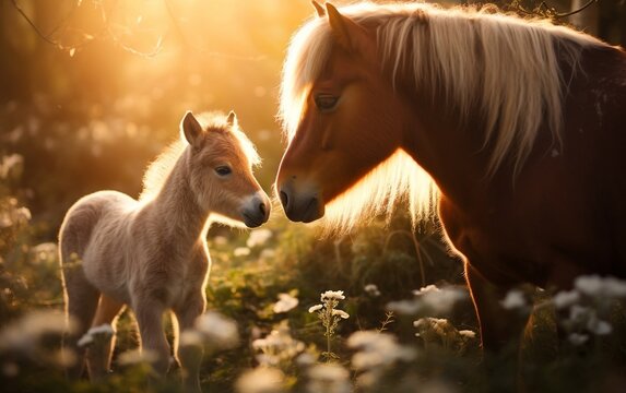 A baby horse standing next to an old horse. AI