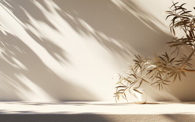 Fototapeta na wymiar Minimalistic Beauty: Blank Cream White Podium with Leaf Shadow on White Wall for Skincare and Beauty Treatment Product Display