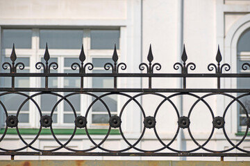 A fragment of a decorative steel fence on a summer day