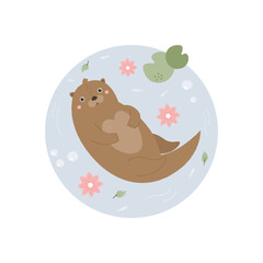 Hand drawn illustration with textured effect of a cute otter in the pond