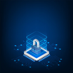 Vector isometric security cpu microchip digital and technology concept.