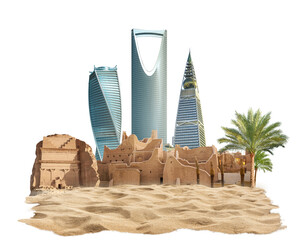 Fototapeta Kingdom of Saudi Arabia skyline with nature. celebrating the national day. abstract design template. old arch and dune sand, 3d illustration. isolated white background. obraz