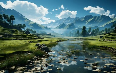 A green valley with a river running through it. AI