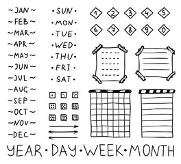 Bullet journal doodle set. Hand drawn elements, numbers, month names and days of the week, stickers, planner labels. Sketch scribble style. Vector illustration for diary, planner, notebook