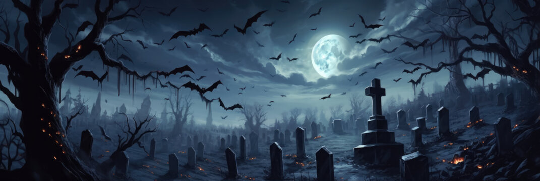 Dark Background of Graveyard with moon and bats. generative ai © Milan