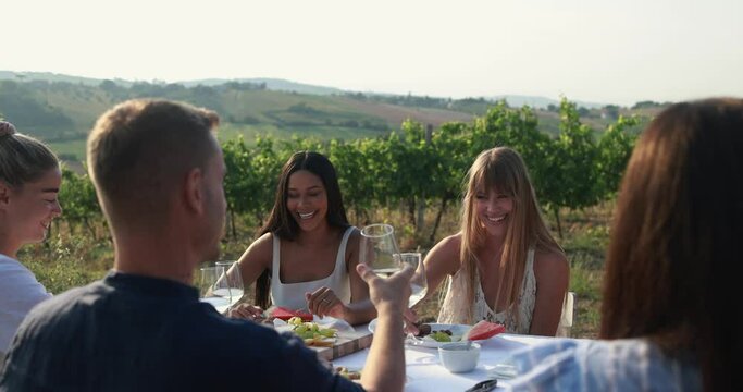 Happy adult friends having fun cheering with white wine and eating together - Multiracial people doing party at summer time in countryside resort with vineyard in background