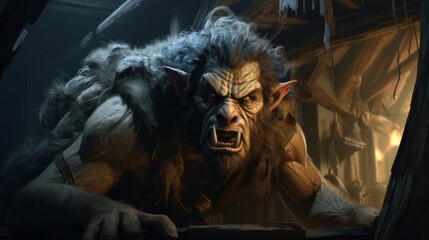 Terrifying and fierce woodland cannibal troll male raging angry afflicted with malignant madness, dangerous and evil fantasy monster - generative AI 