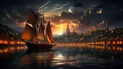 Drawing of an old sailboat on the background of the city Generative AI