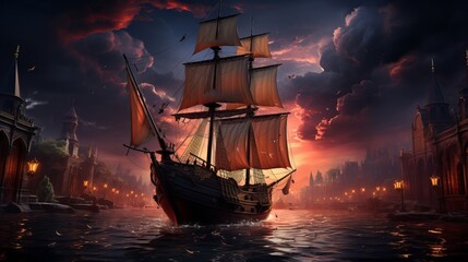 Obraz premium Drawing of an old sailboat on the waves Generative AI