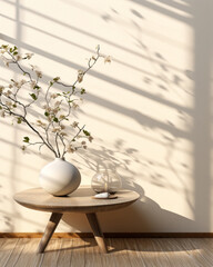 Minimalistic Beauty: Cream Fabric Wall with Round Top Side Table and Tree Foliage. Luxury beauty, cosmetic product background 3D