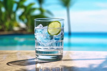 A glass of ice water on a table with a beach background