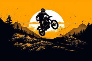 illustration of a person riding motorcycle in the mountain, Motocross sport