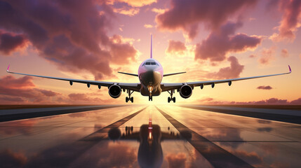 Fototapeta na wymiar Airplane landing at sunset. generative AI
