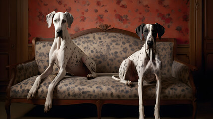 Group of harlequin great danes on Sofa