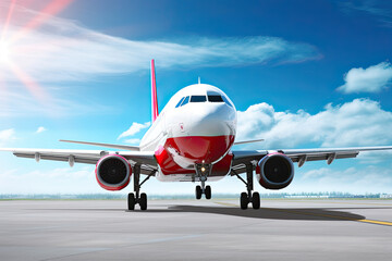 Obraz premium Commercial plane is taking off with cityscape background, Modern and fastest mode of transportation