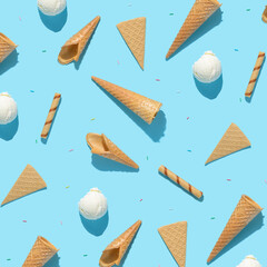 trendy seamless pattern of top view scoops of ice cream cone, sprinkles, cigars and fans on blue with hard shadow, summer concept