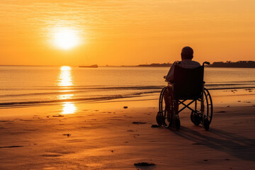 A person is sitting in a wheelchair on a beach