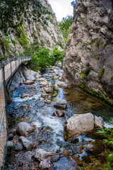 Sapadere canyon with wooden paths and cascades of waterfalls in the Taurus mountains near Alanya, Turkey