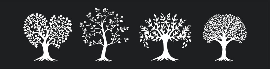 Fototapeta premium silhouette of trees with leaves and root vector on black background. stylized trees vector silhouette
