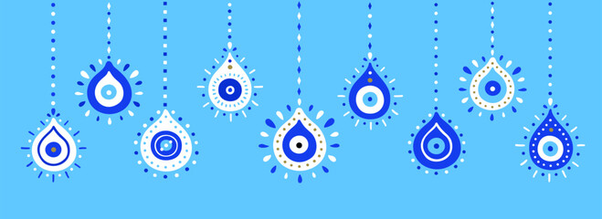 Ethnic style blue Turkish protection from the spoilage signs with golden details. Horizontal banner of hanging Greek evil eye pendants. EPS 10 vector boho background.