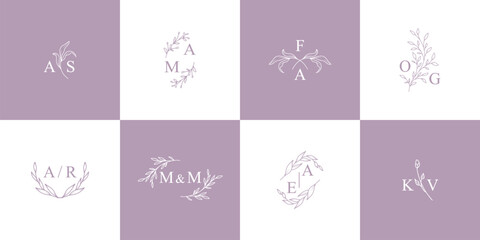 Wedding logos collection with flowers. Elegant delicate and minimalist monogram. Hand drawn botanical vector design