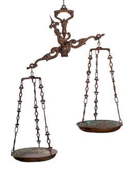 Antique rusty balance scale isolated on white background. Justice and making decision concept. Png clipart isolated on transparent background
