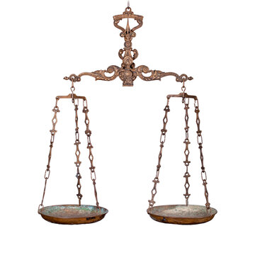 Antique rusty balance scale isolated on white background. Justice and making decision concept. Png clipart isolated on transparent background