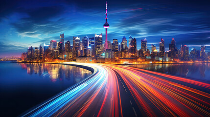 Naklejka premium Tracing the Vibrant Light Trails Against a Modern Cityscape. Generative Ai