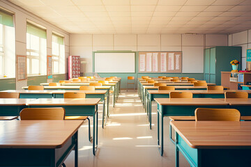 Empty classroom with desks and chairs. Class without students. Back to school and child education concept.