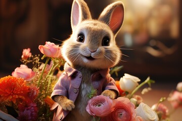 Fototapeta na wymiar An adorable anthropomorphic rabbit dressed in a floral dress, holding a bouquet of colorful flowers.