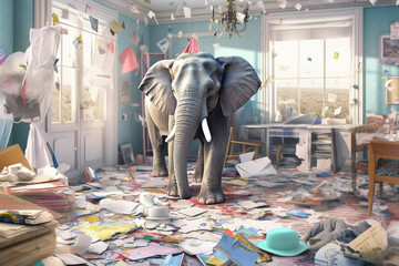 Elephant in demolished messy room. Mental health, disorder, stress concept. AI generative, illustration