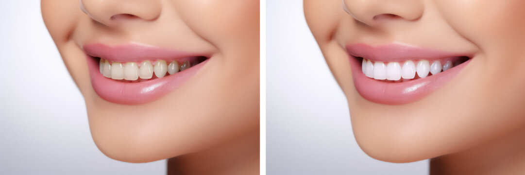 Collage female smile before and after teeth whitening. Advertising procedure whitening smile on white background. The concept of professional teeth whitening. Generative AI photo.